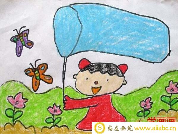 儿童画美丽的春天图片 春天捕蝴蝶的图片