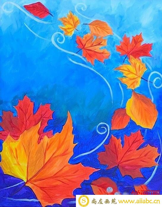 描写秋天的图画儿童画 枫叶飘落秋天的画作品分享