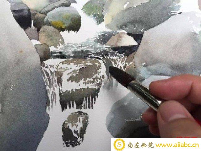 逼真的山间溪水水彩绘画步骤 中国水彩画家黄有维山水小景绘制步骤图_