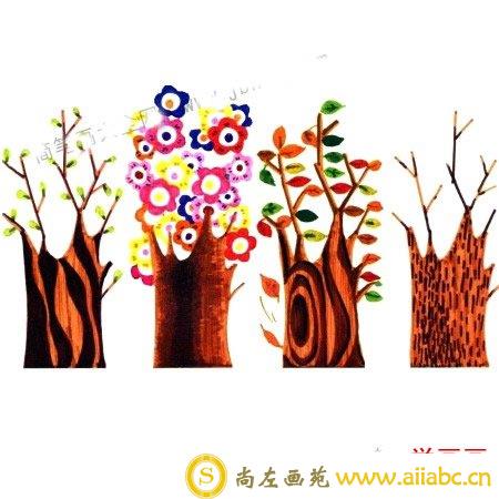 儿童画水彩树木画法步骤教程：一年四季的树木