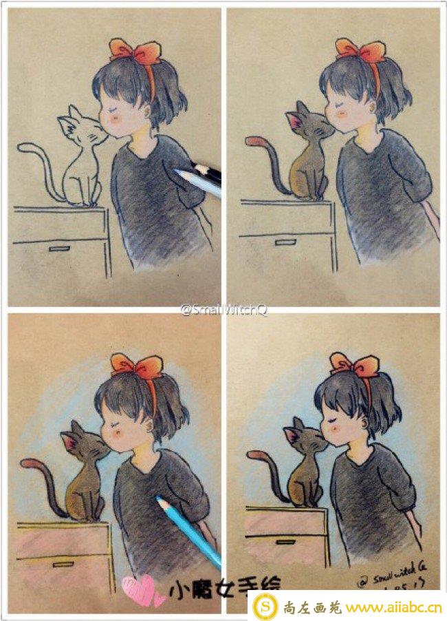 魔女宅急便 小魔女与小黑猫温馨的彩铅画手绘教程图片 步骤很清楚_