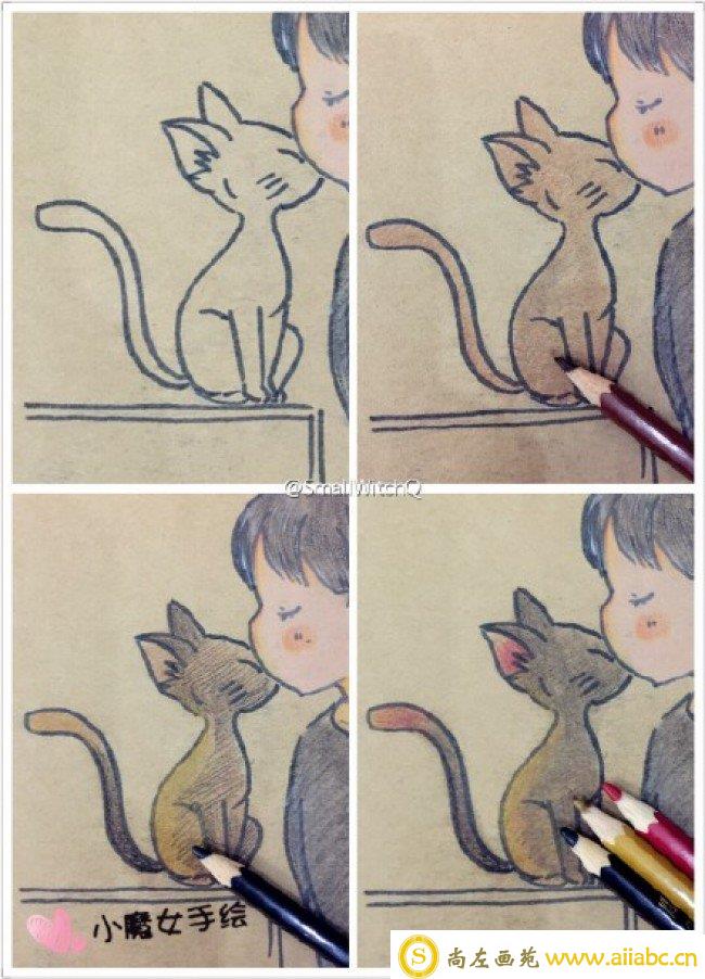魔女宅急便 小魔女与小黑猫温馨的彩铅画手绘教程图片 步骤很清楚_