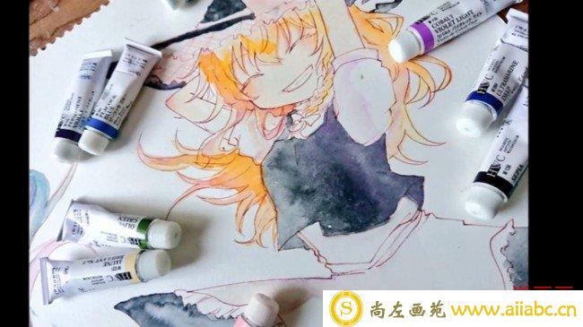【视频】开心快乐的动漫女生水彩上色视频教程 简单的笑着的女生水彩画怎么画_