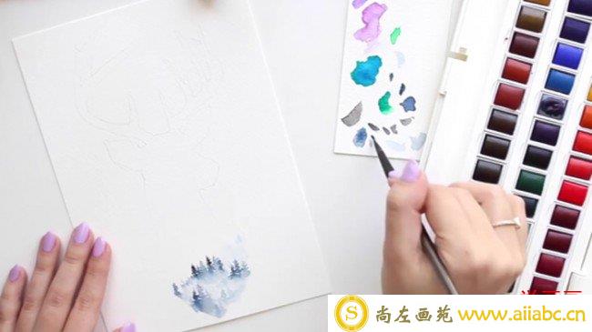 【视频】唯美好看的小鹿山水水彩画手绘视频教程图解_