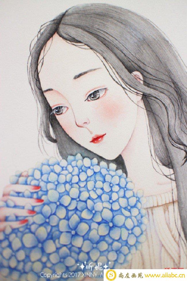 少女与绣球花水彩画图片教程步骤 唯美长发美女与鲜花球水彩手绘教程_