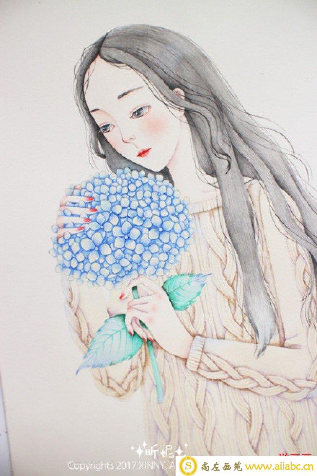 少女与绣球花水彩画图片教程步骤 唯美长发美女与鲜花球水彩手绘教程_
