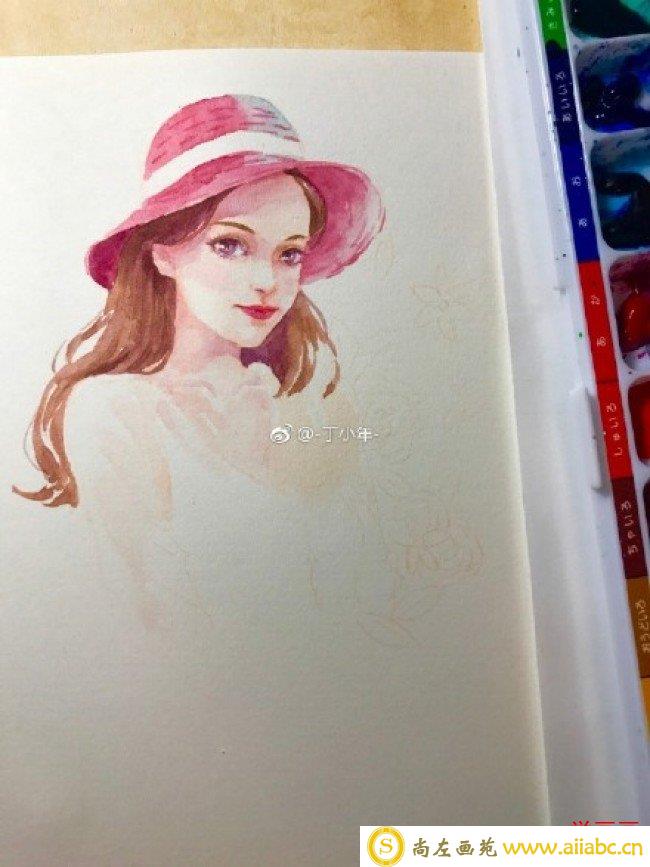 带遮阳帽的夏日漂亮女生水彩画手绘教程图片 鲜花围绕的小姐姐_