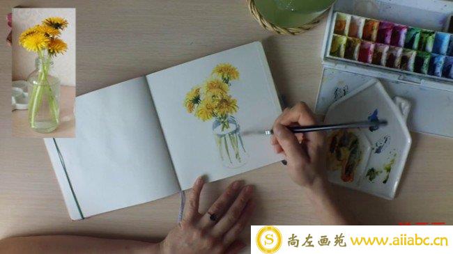 【玻璃瓶里的向日葵水彩画】简单的向日葵画法 向日葵花瓶怎么画_