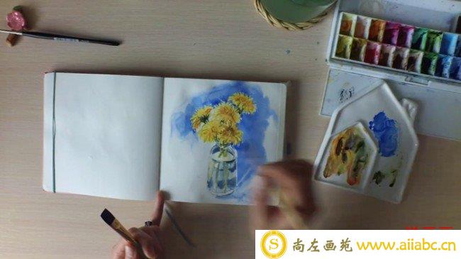 【玻璃瓶里的向日葵水彩画】简单的向日葵画法 向日葵花瓶怎么画_