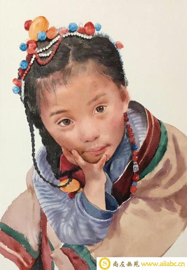 水彩画藏族小女孩