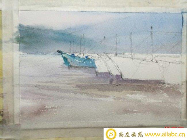 小鱼港渔船风景水彩画 渔船水彩手绘教程 简单渔船的画法_