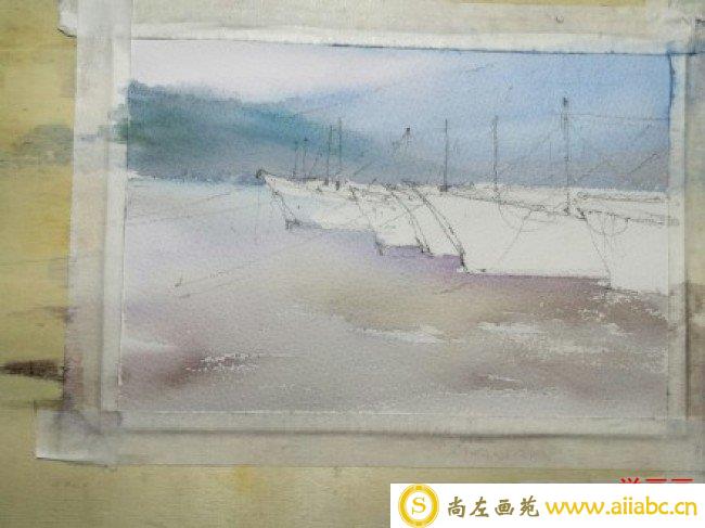 小鱼港渔船风景水彩画 渔船水彩手绘教程 简单渔船的画法_