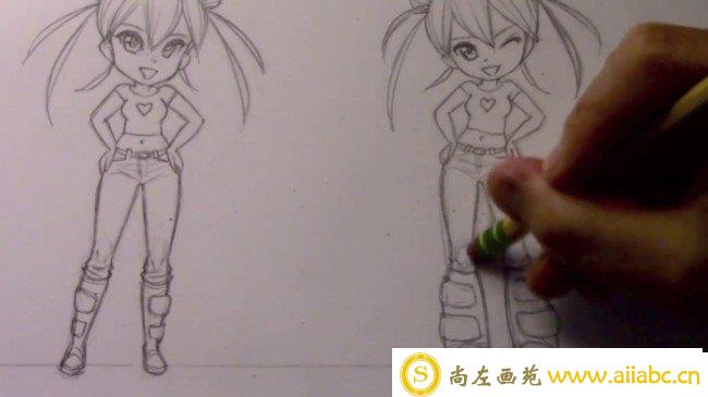 【视频】可爱的站着叉腰的小女孩卡通漫画人物手绘视频教程 彩铅上色_