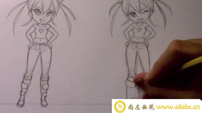 【视频】可爱的站着叉腰的小女孩卡通漫画人物手绘视频教程 彩铅上色_