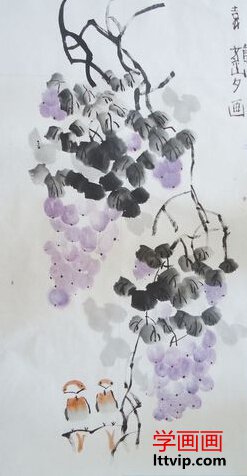 少儿葡萄国画作品-紫色的葡萄