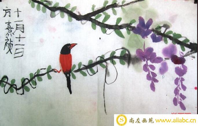 国画花鸟作品欣赏-紫霞与鸟儿