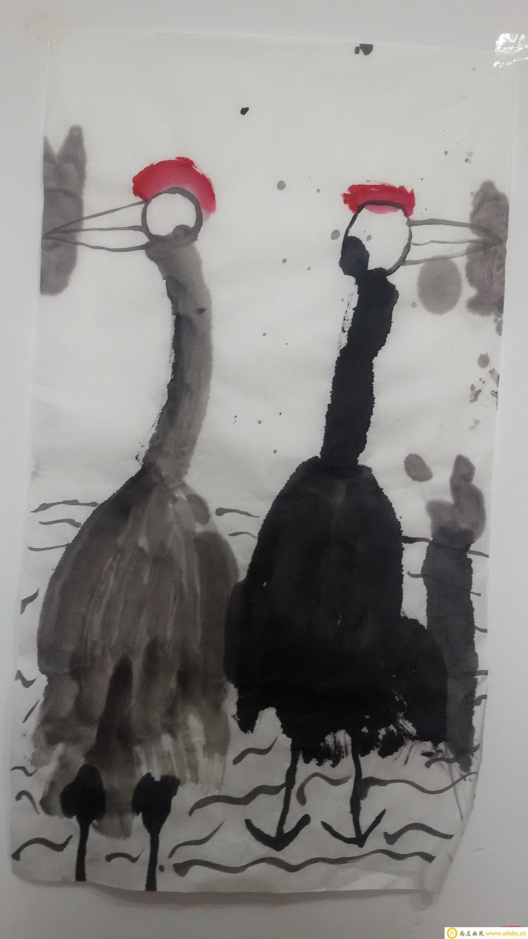 儿童水墨画作品-高傲的丹顶鹤