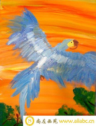儿童油画银奖作品：飞翔的金刚鹦鹉，参赛年龄8岁