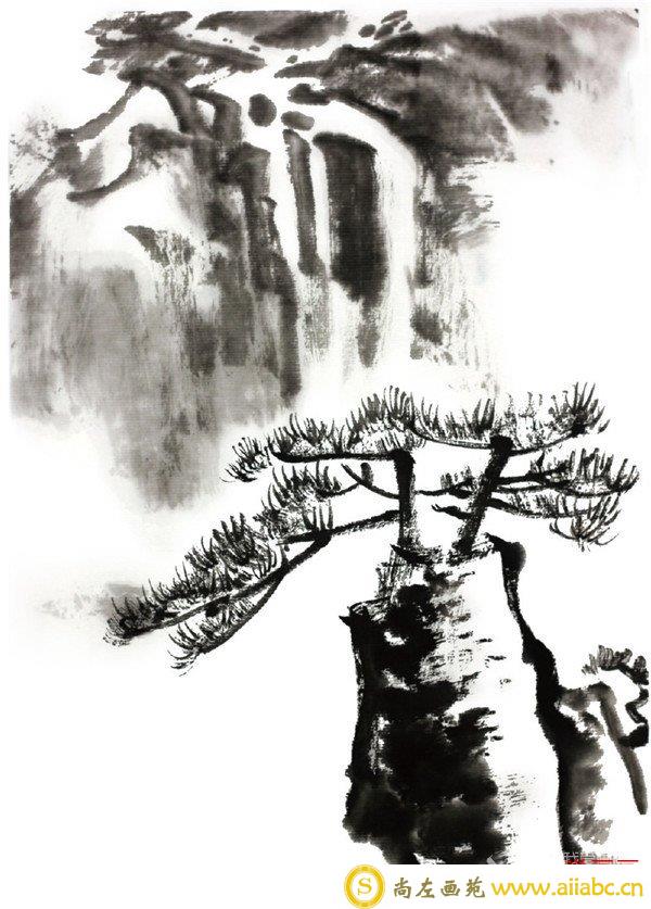水墨黄山瀑布绘画方法